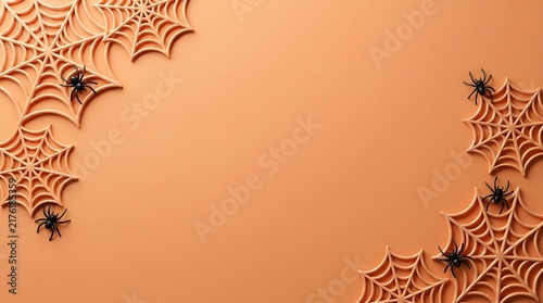 Spooky halloween 3d background featuring intricate spider webs and realistic spiders on orange surface
