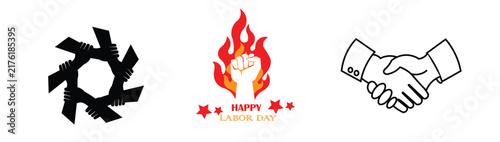 Vector elements set featuring unity hands circle fist with fire flame for happy labor day and business handshake agreement icon