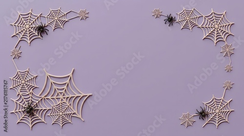 Spooky halloween 3d background featuring realistic spider webs and black spiders on purple surface