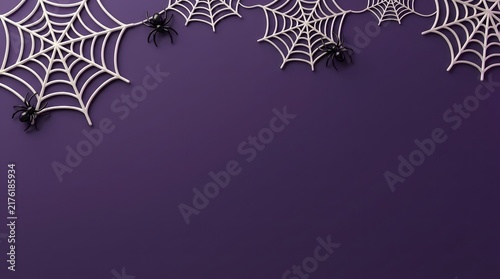 Spooky purple halloween 3d background featuring white spider webs and small black plastic spiders