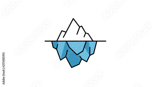 Iceberg showing its small visible peak above water and a massive hidden base below, representing hidden problems.