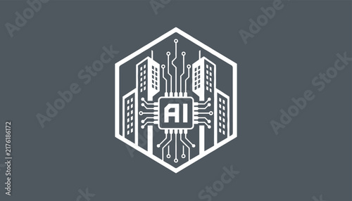 Hexagonal logo featuring electronic microchip with AI text surrounded by high tech city skyscraper line art.