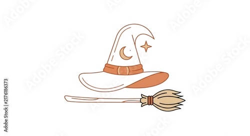 Cute Witch Hat and Broomstick Halloween Vector