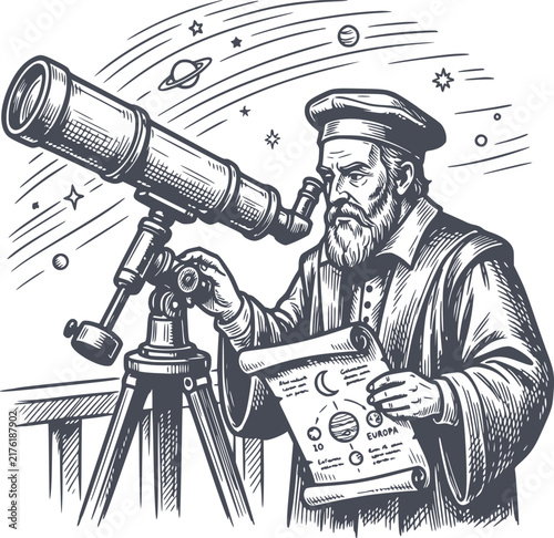 vector illustration of galileo galilei observing the universe with a telescope and scroll, featuring dark navy fill style, graphic drawing lines, and no white fills