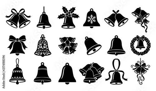Christmas Bell Icon Set with Black Silhouette Jingle Bell, Wreath, and Holly Shapes for Holiday Decoration Designs