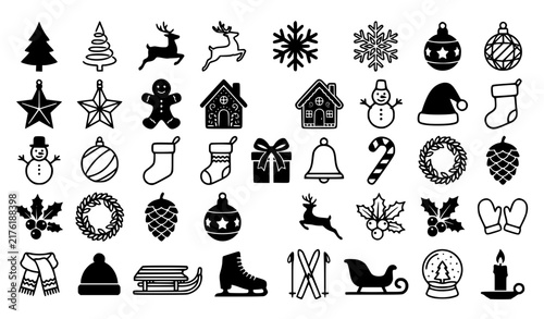 Christmas Icon Set with Black Silhouette Symbols Including Tree, Reindeer, Snowman, Skate, Sleigh, and Winter Holiday Elements