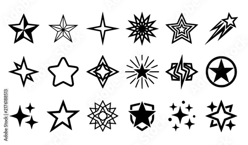 Star Icon Set with Black Doodle Shapes Including Sparkle, Shooting Star, and Twinkle Symbols for Decorative Graphic Designs