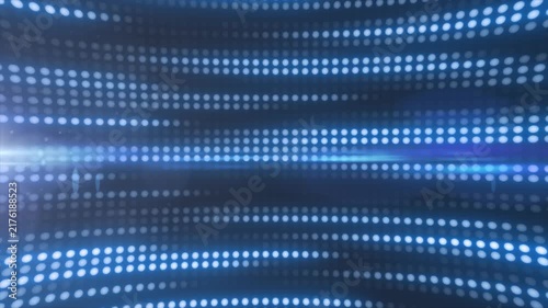 Blue LED light tunnel with glowing dot rows and lens flare, forming a clean futuristic technology background with depth and motion.