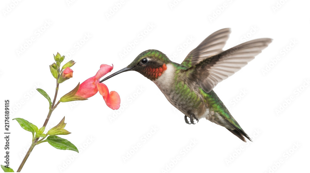 Fototapeta premium Ruby-throated hummingbird hovering in mid-air near a red flower isolated on transparent background