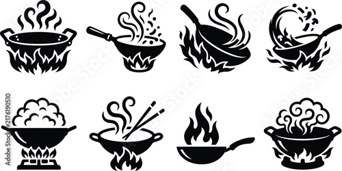 Set of Wok Pan Silhouettes – Flaming Asian Cooking Frypan Vector Bundle, Black Cutout Kitchen Icons, Isolated on White