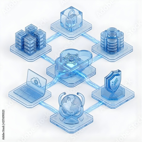 3D Isometric Blue Glass Cloud Computing Network Architecture with Global Data Storage and Cybersecurity Protection Icons on White.