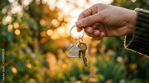 Hand holding house shaped keychain with keys against blurred autumn background