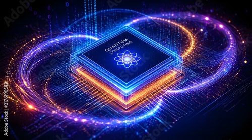 Futuristic Quantum Computing Chip on Motherboard with Glowing Blue and Orange Circuitry Data Streams and Binary Code