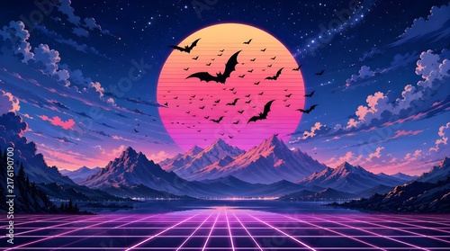 Synthwave sunset landscape featuring bats flying across a giant neon sun above snowy mountains and a futuristic digital grid floor.