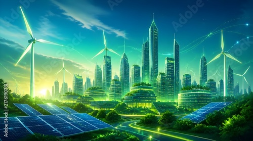 Futuristic sustainable green city with wind turbines and solar panels at sunset representing renewable energy and technology