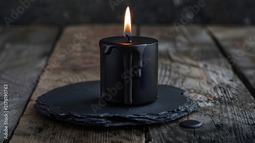 Matte Black Wax Taper Candle on Raw Slate Coaster
