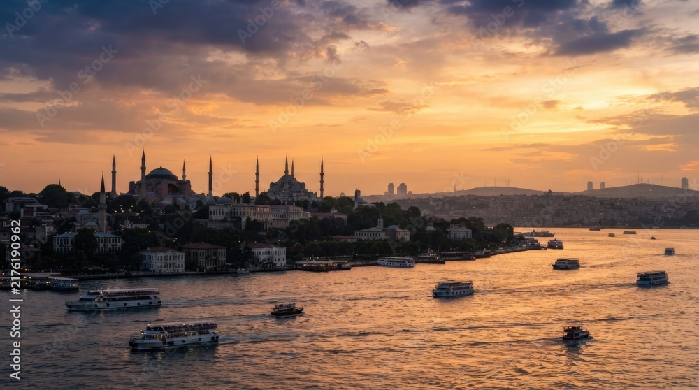 Fototapeta premium Beautiful Sunset Over Bosphorus and Historic Istanbul City Skyline