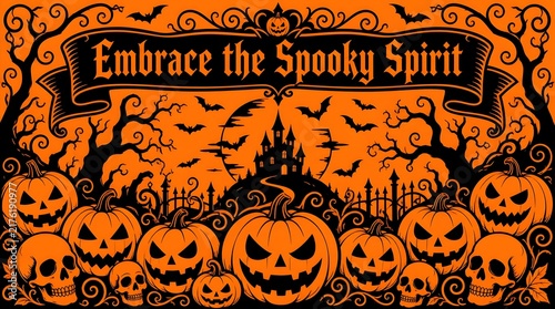 Spooky Halloween orange and black banner with jack o lanterns skulls bats and haunted house illustration for holiday greeting cards