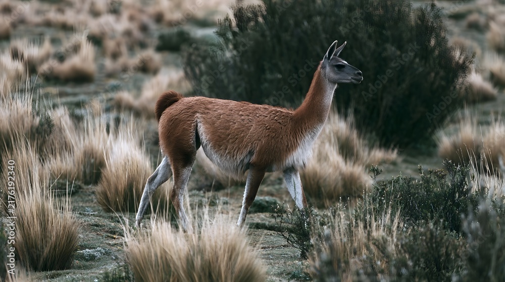 Fototapeta premium A brown llama stands alert in a grassy field with shrubs and soft natural lighting creating a serene outdoor scene