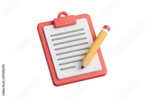 Bright Red Clipboard with Lined Paper and Yellow Pencil on White