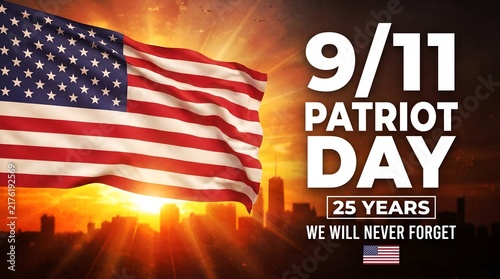 Patriot day memorial banner with american flag sunset background and text we will never forget 9 11 tribute 