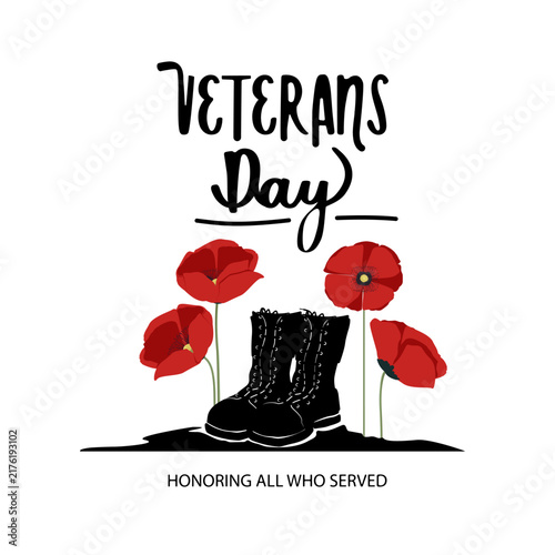 Vector illustration dedicated to the celebration of US Veterans Day, isolated on a pure white background. Silhouette of military boots, placed in the center, surrounded by bright red poppy flowers on 