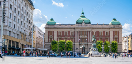 Bild auf Leinwand Belgrade National Museum with green domes and equestrian monument on Republic Sq