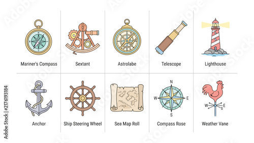 Foto Nautical Navigational Tools and Symbols: A collection of illustrated maritime instruments including a compass, sextant, astrolabe, telescope, lighthouse, anchor, ship's wheel, sea map, compass rose