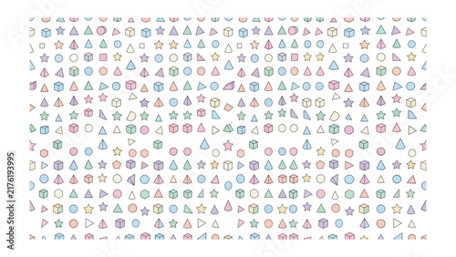 Geometric Pattern in Pastel Hues: A vibrant and seamless pattern composed of various geometric shapes like stars, circles, triangles, and cubes, rendered in a delightful array of soft pastel colors.