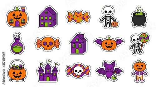 Set of halloween labels and frames with spooky elements like ghosts, bats, pumpkins, witches, and spiders . Cute Halloween Mix Elements Sticker Set, sticker set, different cute halloween
