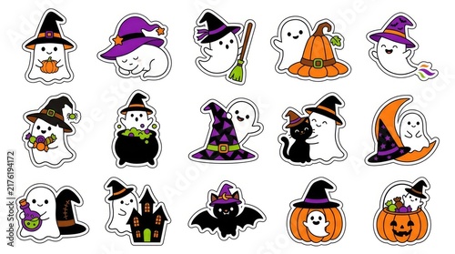 Set of halloween labels and frames with spooky elements like ghosts, bats, pumpkins, witches, and spiders . Cute Halloween Mix Elements Sticker Set, sticker set, different cute halloween