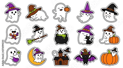 Set of halloween labels and frames with spooky elements like ghosts, bats, pumpkins, witches, and spiders . Cute Halloween Mix Elements Sticker Set, sticker set, different cute halloween