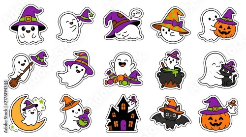 Set of halloween labels and frames with spooky elements like ghosts, bats, pumpkins, witches, and spiders . Cute Halloween Mix Elements Sticker Set, sticker set, different cute halloween