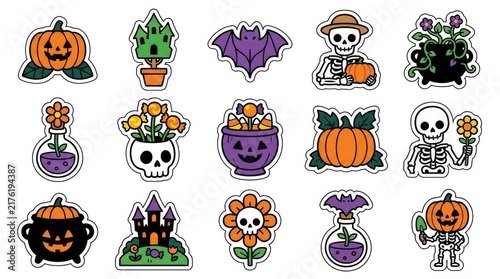 Set of halloween labels and frames with spooky elements like ghosts, bats, pumpkins, witches, and spiders . Cute Halloween Mix Elements Sticker Set, sticker set, different cute halloween