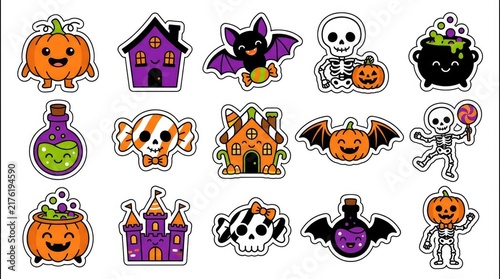 Set of halloween labels and frames with spooky elements like ghosts, bats, pumpkins, witches, and spiders . Cute Halloween Mix Elements Sticker Set, sticker set, different cute halloween
