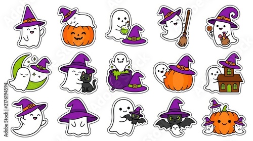 Set of halloween labels and frames with spooky elements like ghosts, bats, pumpkins, witches, and spiders . Cute Halloween Mix Elements Sticker Set, sticker set, different cute halloween