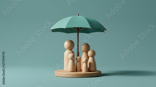 Wooden family figurines stand united under teal umbrella offering symbolic protection.