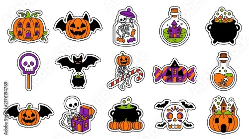 Set of halloween labels and frames with spooky elements like ghosts, bats, pumpkins, witches, and spiders . Cute Halloween Mix Elements Sticker Set, sticker set, different cute halloween