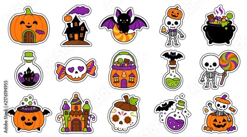 Set of halloween labels and frames with spooky elements like ghosts, bats, pumpkins, witches, and spiders . Cute Halloween Mix Elements Sticker Set, sticker set, different cute halloween