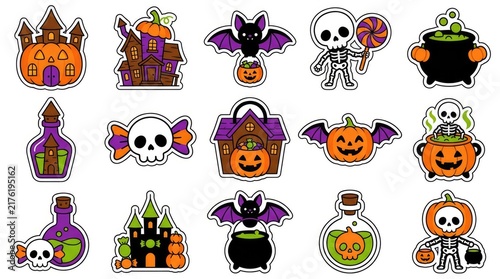Set of halloween labels and frames with spooky elements like ghosts, bats, pumpkins, witches, and spiders . Cute Halloween Mix Elements Sticker Set, sticker set, different cute halloween