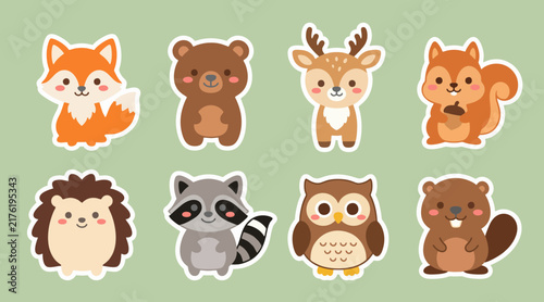Adorable forest animal sticker collection featuring cute fox bear deer squirrel hedgehog raccoon owl and beaver
