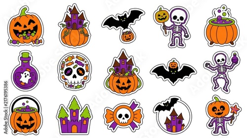 Set of halloween labels and frames with spooky elements like ghosts, bats, pumpkins, witches, and spiders . Cute Halloween Mix Elements Sticker Set, sticker set, different cute halloween