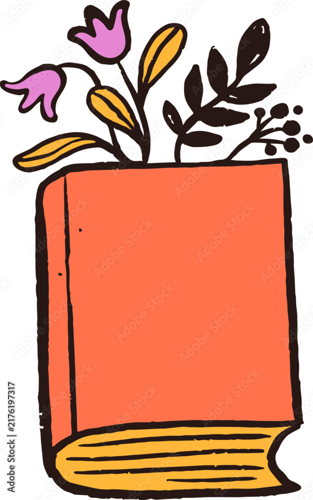 Naklejka premium Hand-drawn orange spell book with flowers and leaves. Playful Halloween doodles series.