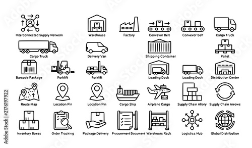 Supply Chain Line Icons Set – Logistics Delivery Manufacturing Vector Collection