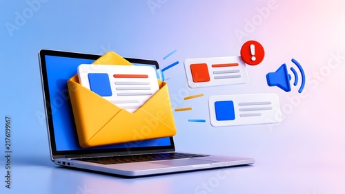 Laptop displaying 3d open email envelope and notification bubbles representing incoming digital marketing messages
