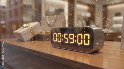 Fototapeta Digital timer displays 00 59 00 with gift boxes and festive glitter