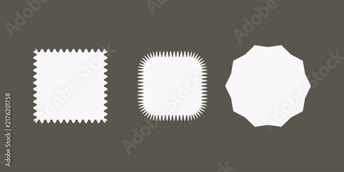 Postage stamp set. Post stamp frames and borders. Beige round and rectangular template for mail, postcard, letter. Jagged wavy edge forms. Vintage objects for poster.Vector