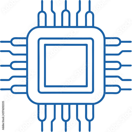 Computer CPU processor icon, blue line art microchip vector, electronic circuit hardware component for tech design