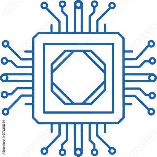 Blue microchip circuit icon, digital processor hardware vector, computer CPU motherboard component for technology design