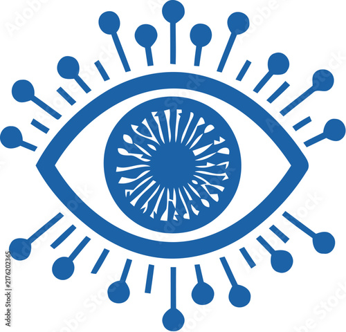 Cybernetic digital eye icon, futuristic circuit vision vector, blue technological eyeball symbol for security and AI branding